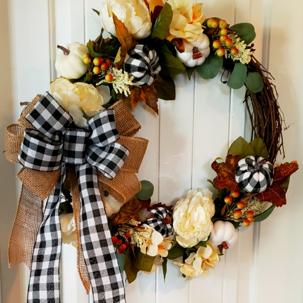 Farmhouse fall black and white Buffalo Check Wreath